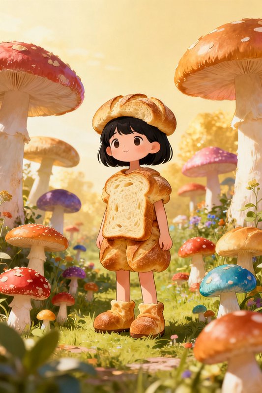 Cute chibi girl in a bread costume stands in a sunlit whimsical meadow full of giant colorful mus...