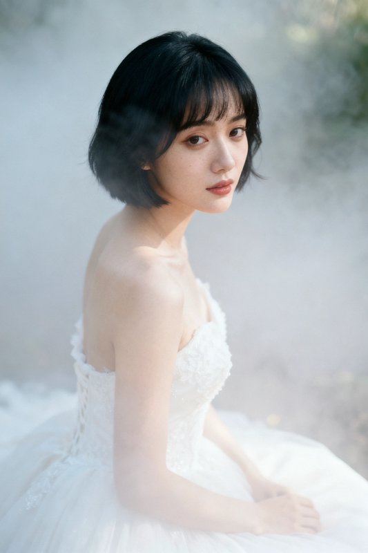 Young woman with short black bob hair wears a strapless white wedding dress, posed in soft misty ...