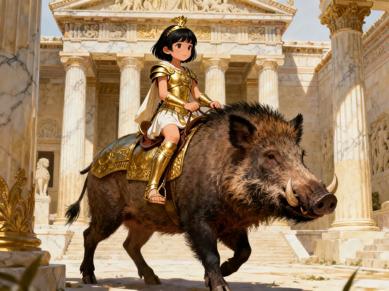 Anime-style young Greek warrior in golden armor rides an armored tusked wild boar before a marble...