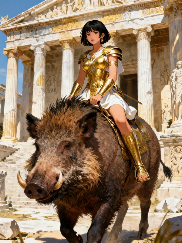 Anime female warrior in golden armor rides a giant tusked wild boar before an ornate ancient Gree...