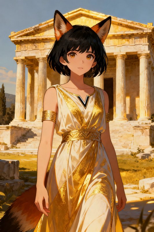 Anime fox kemonomimi girl in a gilded Greek toga stands before a classical marble temple in warm ...