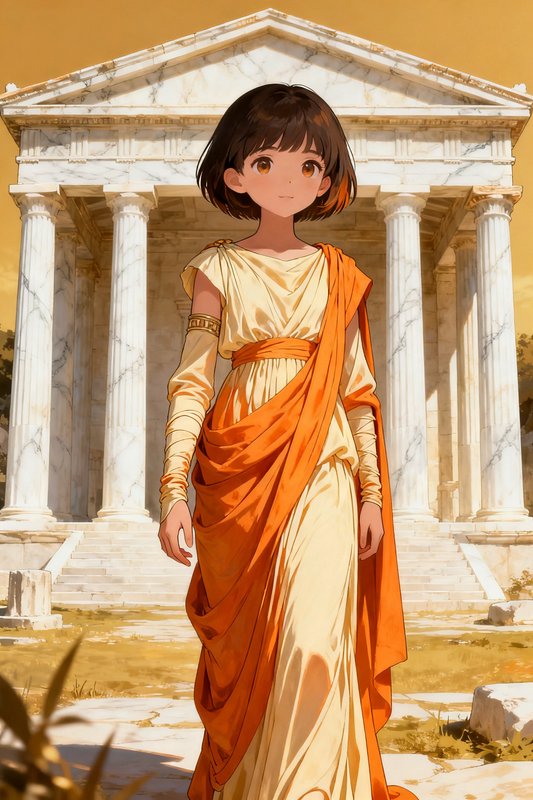 Anime girl in a flowing Greek chiton stands before a white marble ancient temple under warm golde...