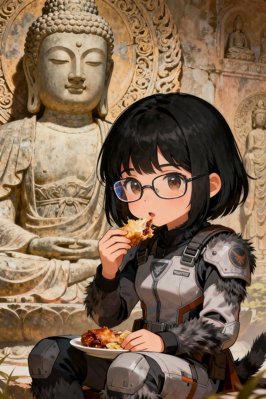Anime chibi girl with glasses in tactical gear eats a snack beside a carved ancient stone Buddha ...