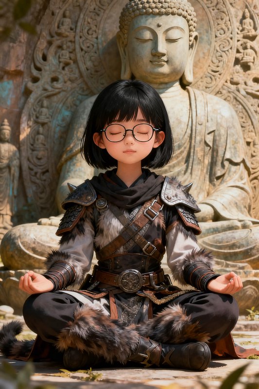 Young glasses-wearing adventurer girl meditates cross-legged before an ornate carved stone Buddha...