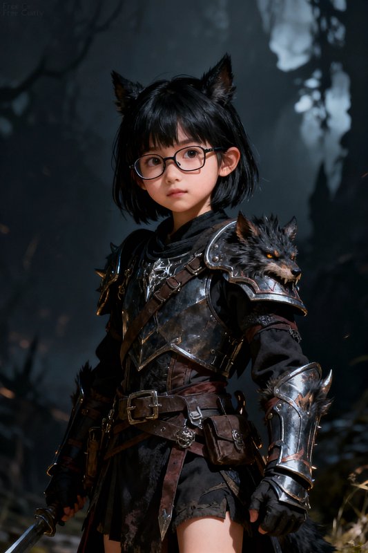 Young wolf-eared child warrior with round glasses, wolf-themed armor, stands in a misty dark fant...