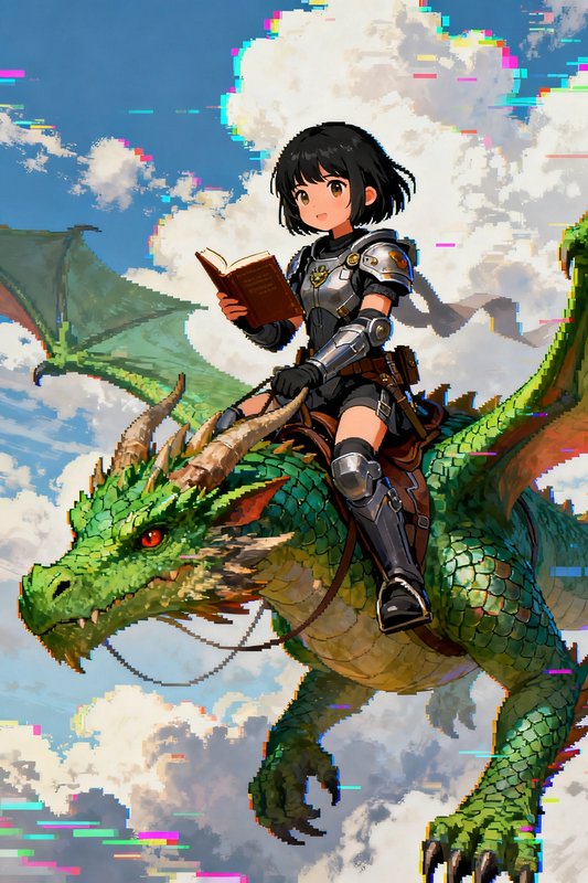 Anime girl knight reads a book while riding a green scaled flying dragon above clouds with glitch...