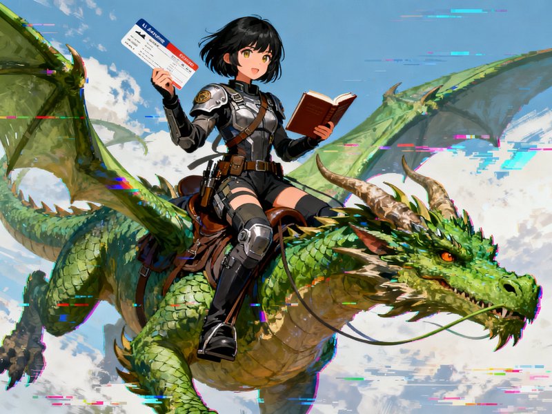 Armored anime dragon rider holds a book and boarding pass while riding a green flying dragon, wit...