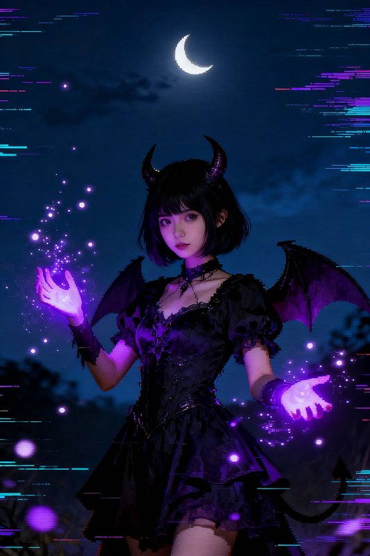 Young demon girl cosplayer casting glowing purple magic under crescent moon, with digital glitch ...