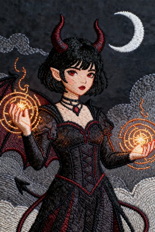 Embroidered fantasy art of a horned tiefling sorceress holding glowing arcane magic beneath a sti...