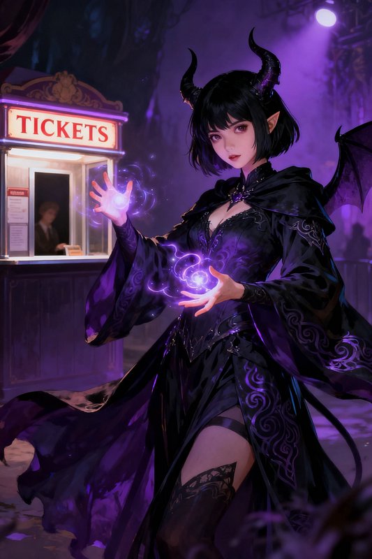 Anime tiefling sorceress with horns holds glowing purple magic, standing by a lit carnival ticket...