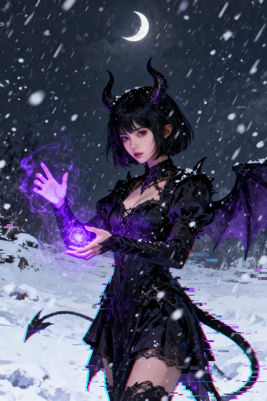 Demon girl with horns and bat wings casts glowing purple magic in a snowy crescent moon winter night