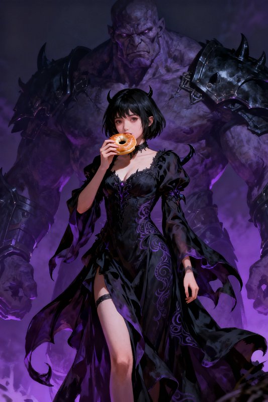 Horned fantasy demon girl eats a bagel, towering armored purple goliath guardian stands behind he...