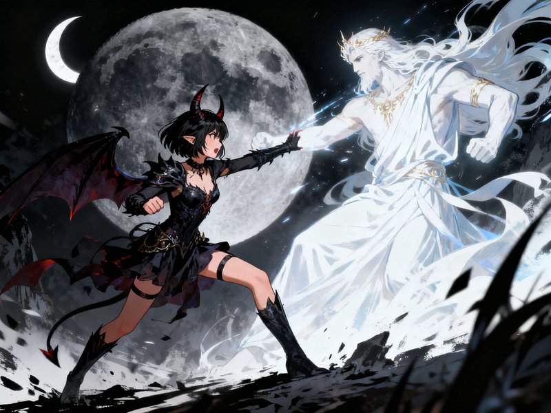 Anime demon girl clashing fists with a white-robed celestial god beneath a large full moon in a d...