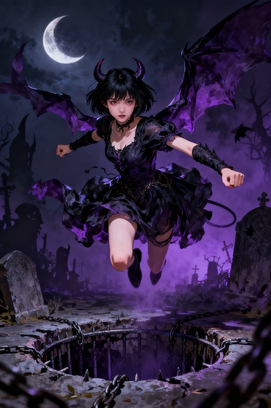 Anime demon girl with purple bat wings leaps dynamically over a foggy graveyard under a glowing c...