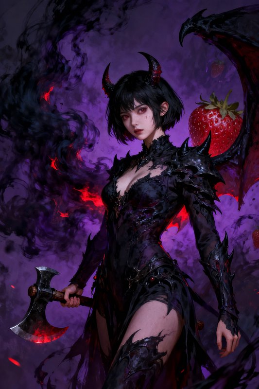 Dark fantasy demon warrior girl with horns, battle axe, and bat wing stands against swirling purp...