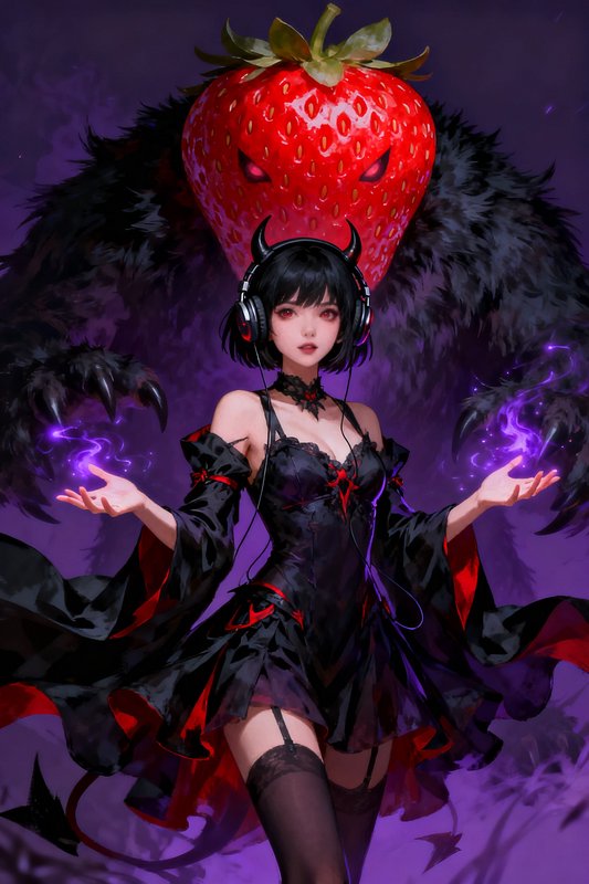 Anime demon girl with horned headphones holds purple magic, a giant furry strawberry monster loom...