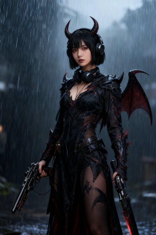 Cyberpunk demon warrior woman with horns, bat wings, dual guns, and headphones standing in heavy ...