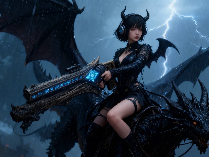 Horned anime girl with headphones holds a glowing magic rifle while riding a black dragon through...
