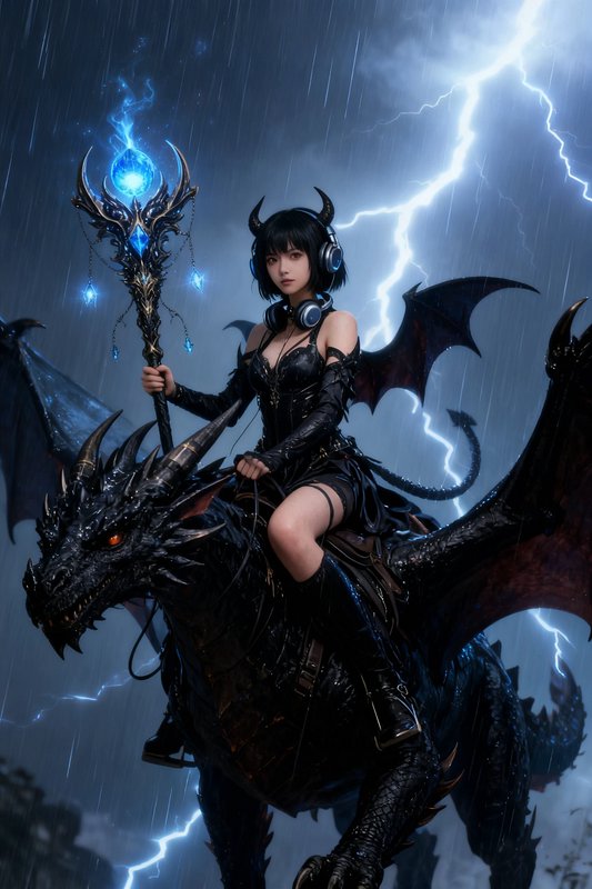 Horned anime fantasy girl with headphones rides a spiked black dragon, holding a glowing blue mag...