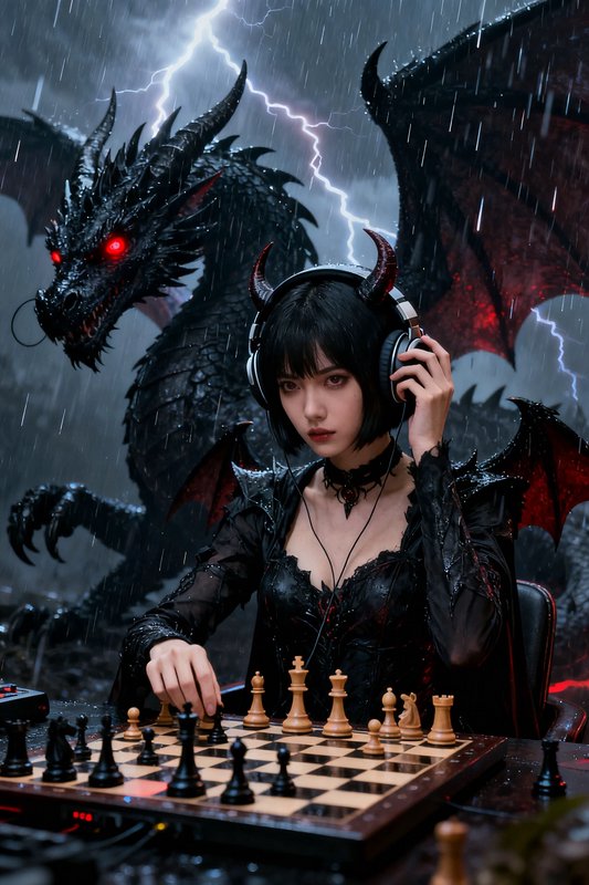 Horned demon girl gamer wearing headphones plays chess, as a giant black dragon looms behind her ...