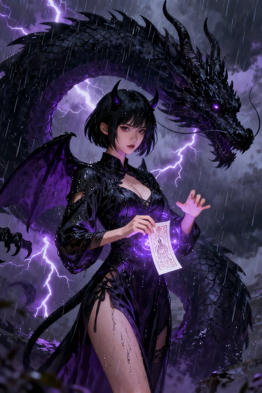 Anime demon sorceress holding a glowing magic talisman stands before a black dragon in a storm wi...