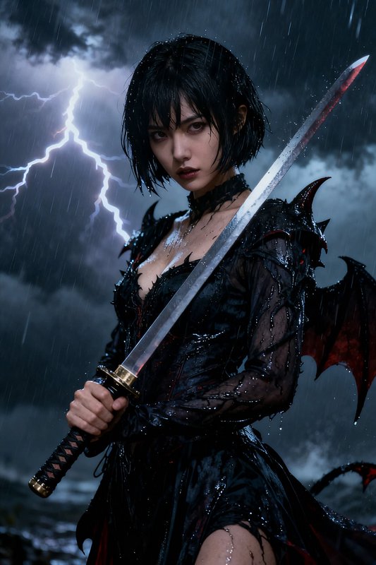 Fierce dark fantasy female warrior holds a katana, standing in a rainy thunderstorm with demon wi...