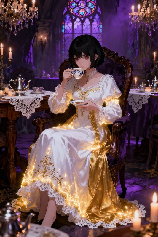 Anime girl in glowing white gold Victorian gown drinking tea in a candlelit gothic dining hall