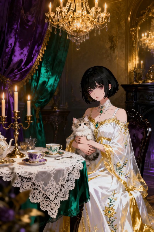 Elegant anime noblewoman holds a fluffy tabby kitten at a candlelit ornate Victorian tea table