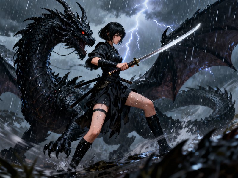Young female samurai holding a katana stands guard beside a black dragon during a thunderstorm