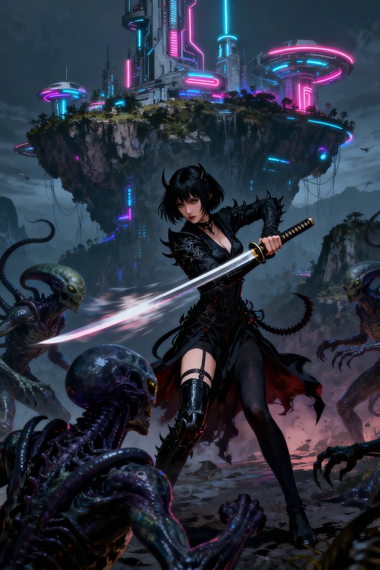 Female cyberpunk samurai swings a katana at alien creatures below a neon floating futuristic island