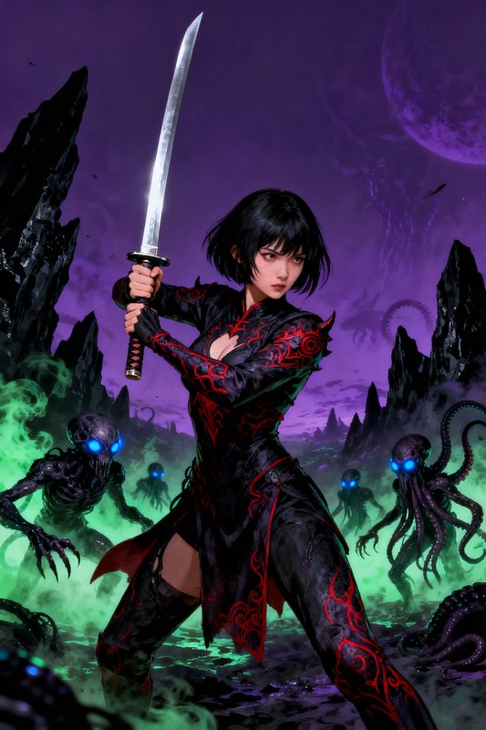 Young female samurai holds a raised katana, poised to battle tentacled alien monsters in a dark otherworldly wasteland