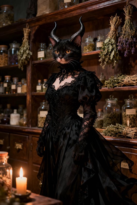 Anthropomorphic horned black cat in a gothic lace dress stands in a candlelit witch apothecary
