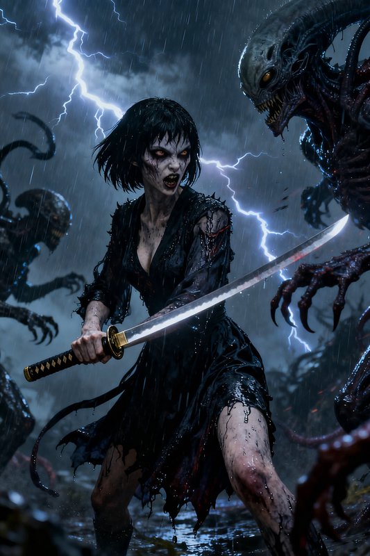 Fierce undead female warrior wields a katana while battling grotesque alien monsters in a storm o...