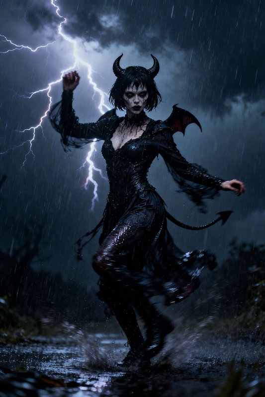 Horned demoness with bat wings dances through puddles beneath a lightning-filled storm sky
