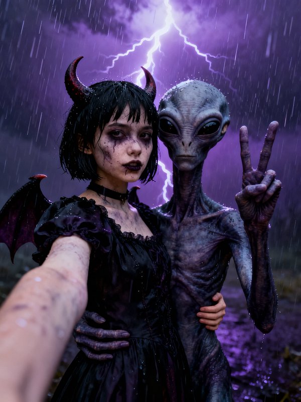 Goth demon girl takes a selfie with a grey alien making a peace sign under a stormy purple thunde...