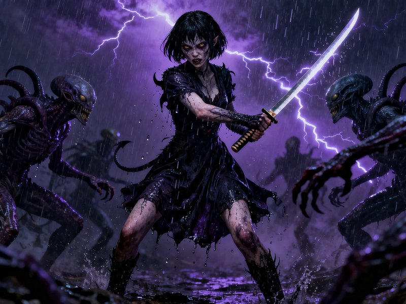 Fierce dark fantasy female warrior wields a katana while surrounded by alien monsters in a lightning-lit rain storm