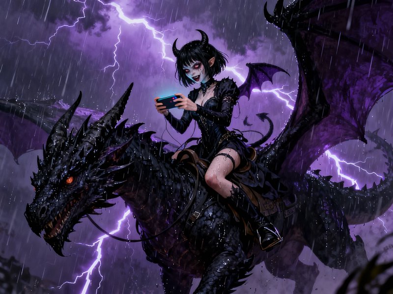 Horned goth demon girl rides a black dragon while playing a handheld game in a purple lightning s...
