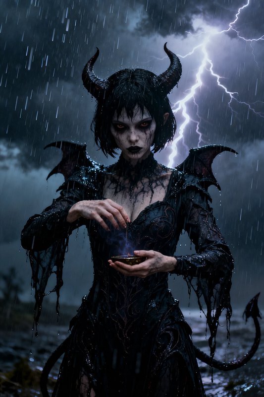 Horned demon sorceress holds a smoking ritual bowl beneath lightning in a heavy rainstorm