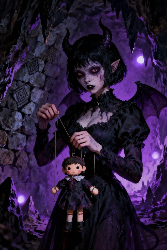 Horned gothic demoness holding a marionette puppet inside a glowing purple stone cave