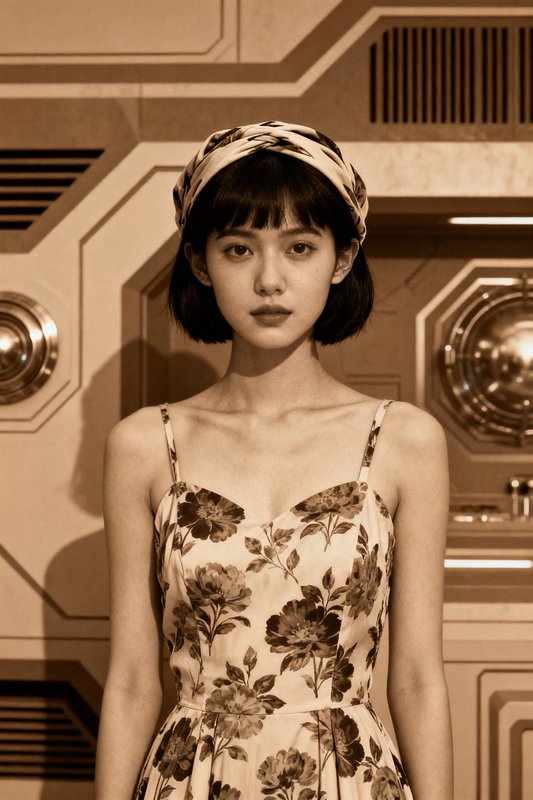 Young woman with short bob, floral slip dress and patterned headwrap stands before retro futurist wall
