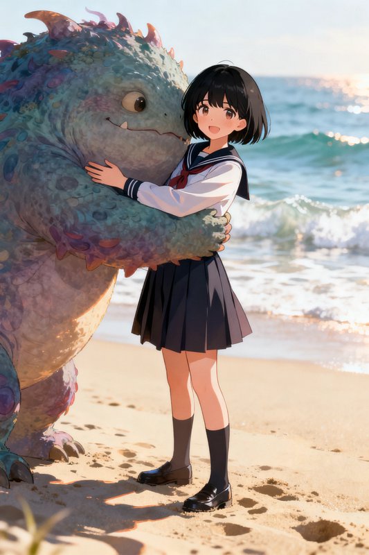 Smiling anime schoolgirl hugging a gentle pastel sea monster on a sunlit sandy beach