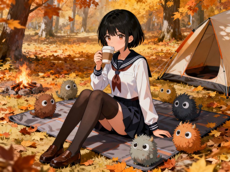 Anime schoolgirl sips hot coffee while camping with cute fluffy creatures in an autumn forest