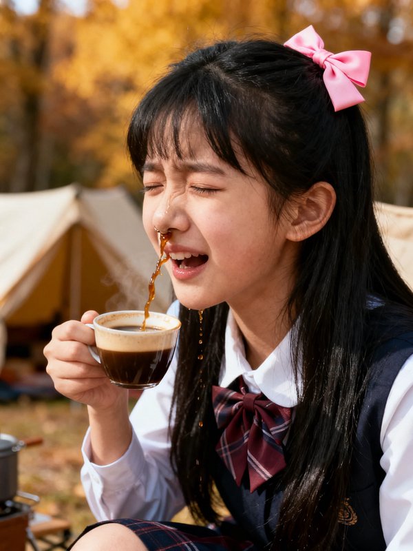 Girl in school uniform sneezing hot coffee out of her nose at an autumn campsite