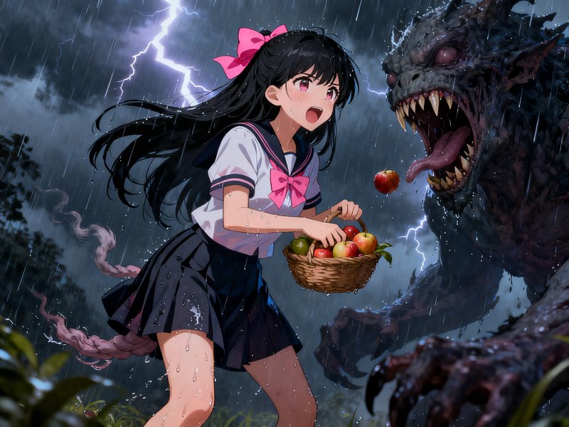 Anime schoolgirl holding a fruit basket confronts a fanged monster during a rainy thunderstorm