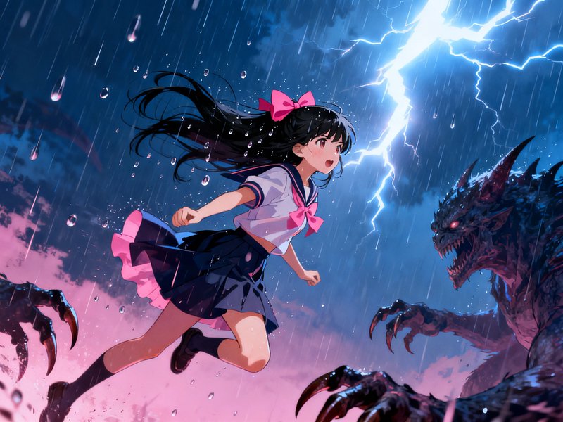 Anime schoolgirl leaps to confront a menacing horned monster during a lightning-filled rainy thunderstorm