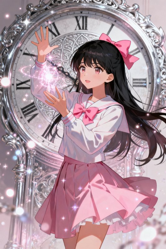 Anime magical girl in a pink sailor uniform conjures glowing magic in front of an ornate silver g...