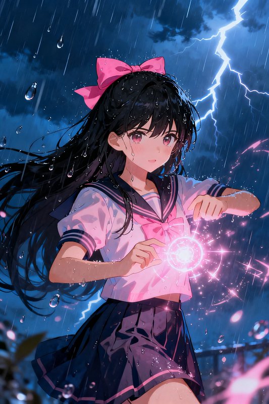 Anime magical girl summoning a glowing pink magic orb during a rainy lightning storm