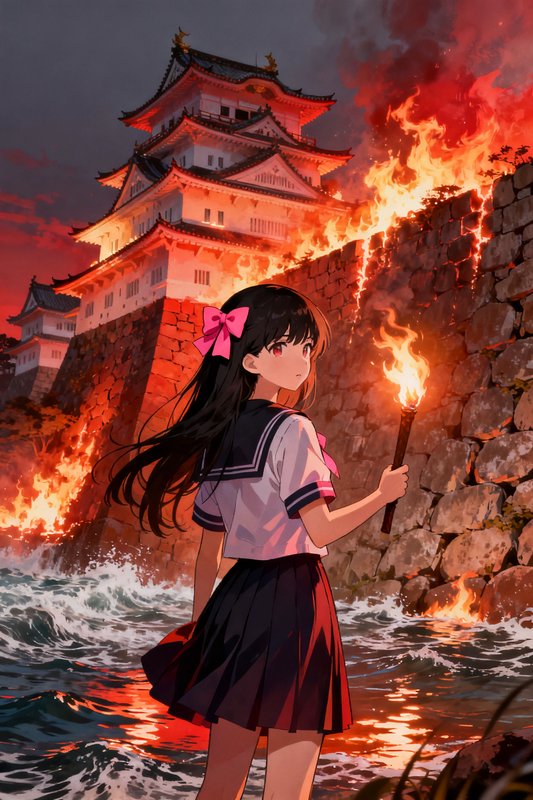Anime schoolgirl holding a torch stands in churning surf before a burning Japanese castle