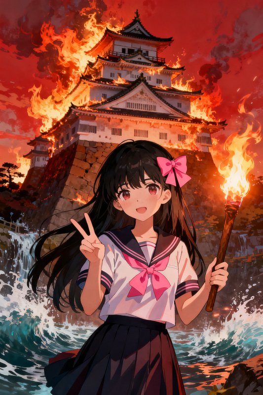 Cheerful anime schoolgirl holds a torch and makes a peace sign as a Japanese castle burns behind her