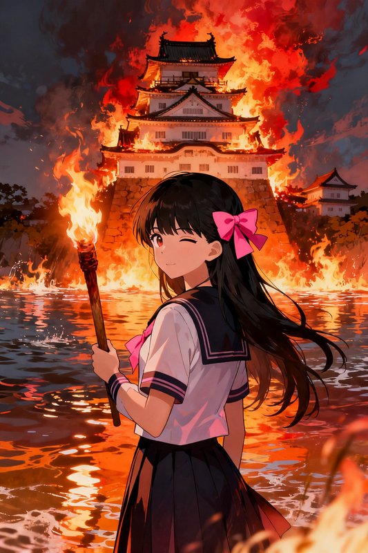 Winking anime schoolgirl holds a torch while a traditional Japanese castle burns across reflective water